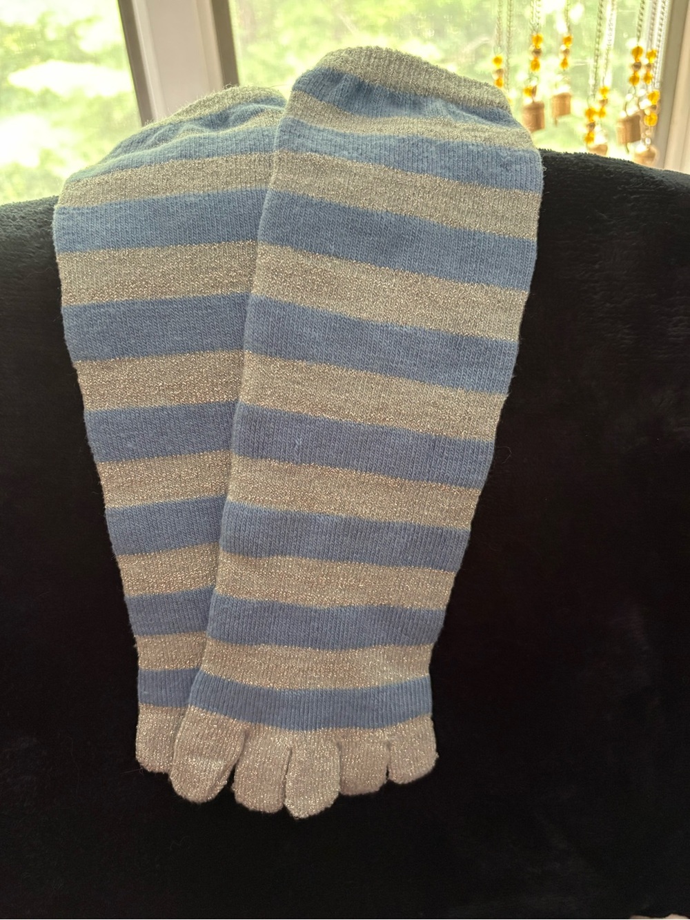Striped Blue & Silver Toe Socks - Men's Five-Toe Crew Socks